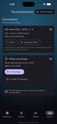 Экран подключений: Muse и мост Philips Hue, статус связи